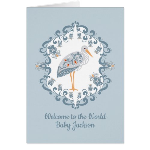 Whimsical Folk Art Stork  Personalized Baby Card