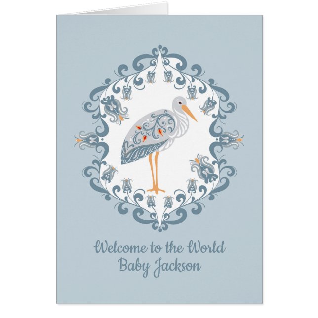 Whimsical Folk Art Stork | Personalized Baby Card (Front)