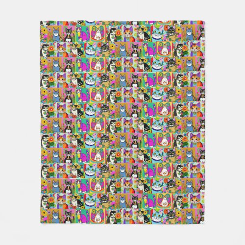 Whimsical Folk Art Style Cartoon Cats Fleece Blanket