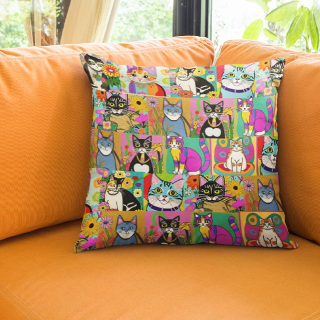 Whimsical Folk Art Style Cartoon Cats Throw Pillow (Creator Uploaded)