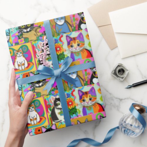 Whimsical Folk Art Style Cartoon Cats Wrapping Paper