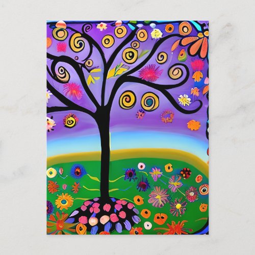 Whimsical Folk Art Style Tree  Saying Hi Postcard
