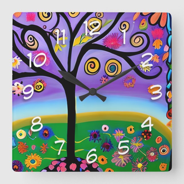 Whimsical Folk Art Style Tree Square Wall Clock (Front)