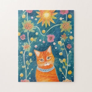Whimsical Folk Art Tabby Cat Jigsaw Puzzle