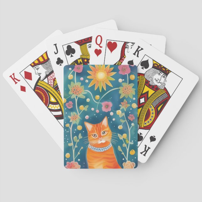 Whimsical Folk Art Tabby Cat Poker Cards (Back)