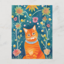 Whimsical Folk Art Tabby Cat Postcard