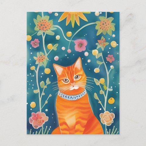 Whimsical Folk Art Tabby Cat Postcard