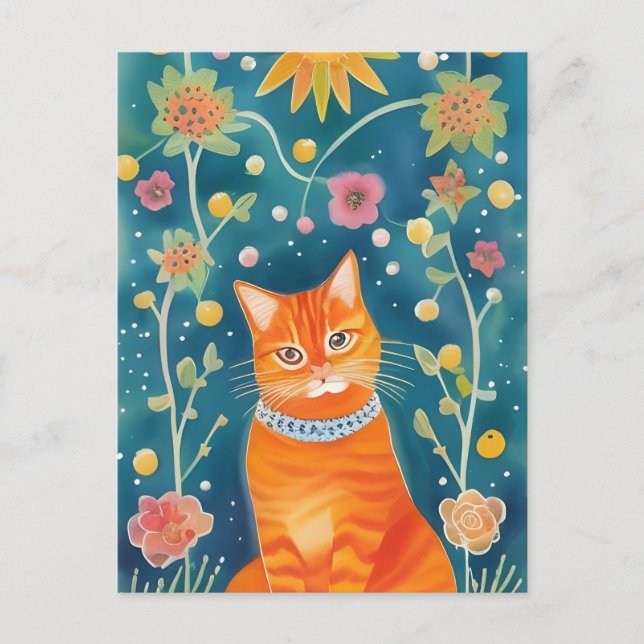 Whimsical Folk Art Tabby Cat Postcard (Front)