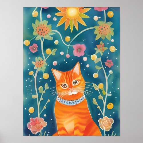 Whimsical Folk Art Tabby Cat Poster