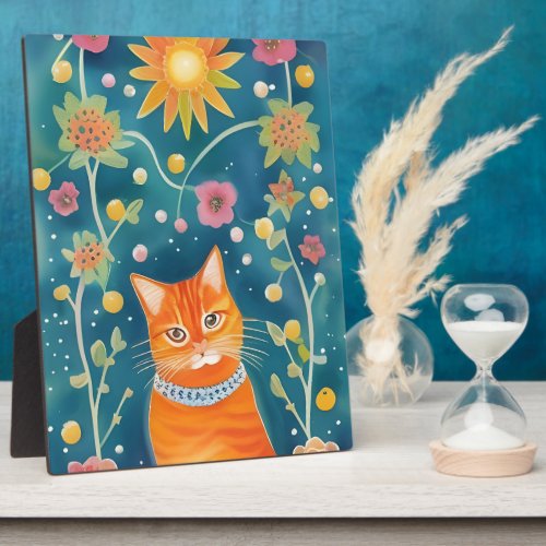 Whimsical Folk Art Tabby Cat Tabletop Plaque