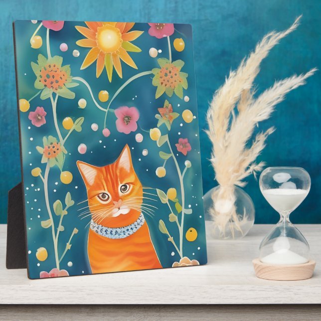 Whimsical Folk Art Tabby Cat Tabletop Plaque (Side)