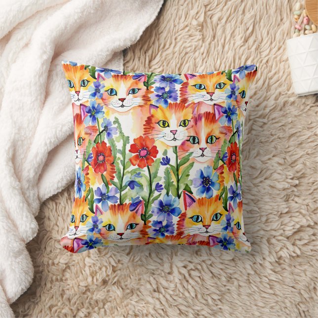 Whimsical Folk Art Watercolor Flowers and Cats Throw Pillow (Blanket)