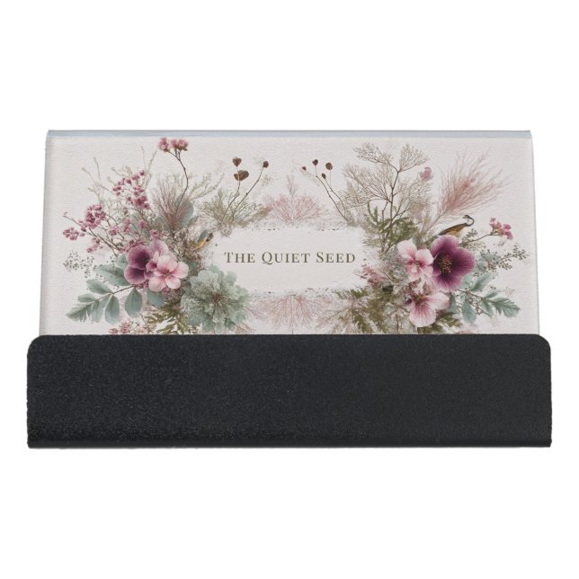 Whimsical Folk Art Wildflower & Birds Desk Business Card Holder (Front)