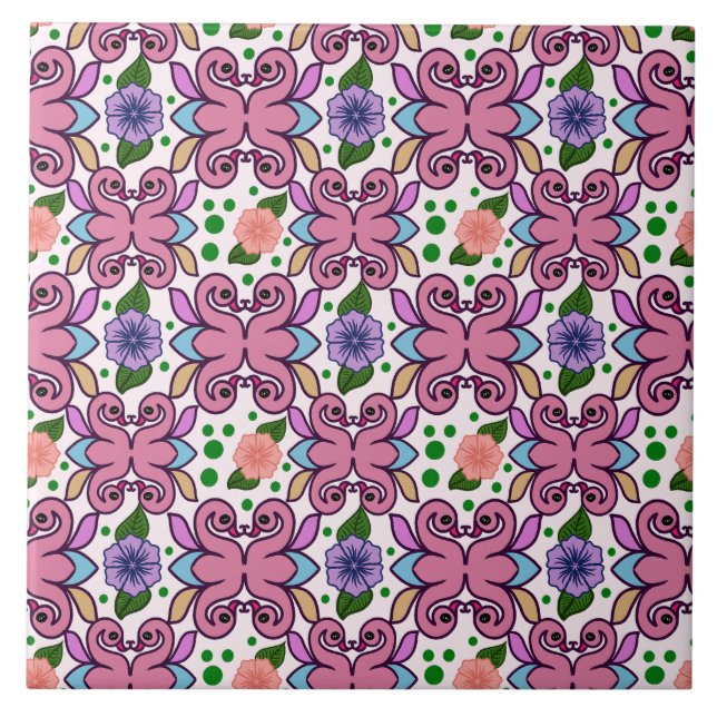Whimsical Folk Bird Floral Pattern Ceramic Tile (Front)