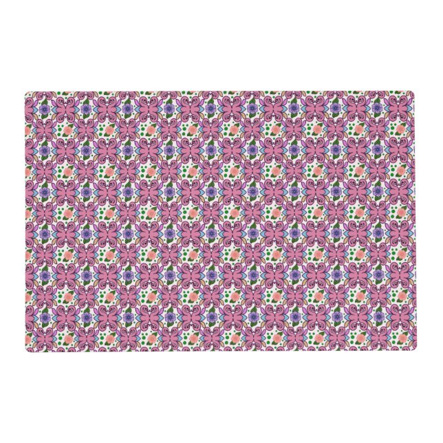 Whimsical Folk Bird Floral Pattern Placemat (Front)