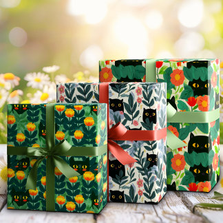 Whimsical Folk Black Cat Hidden In Garden Blooms Wrapping Paper Sheets