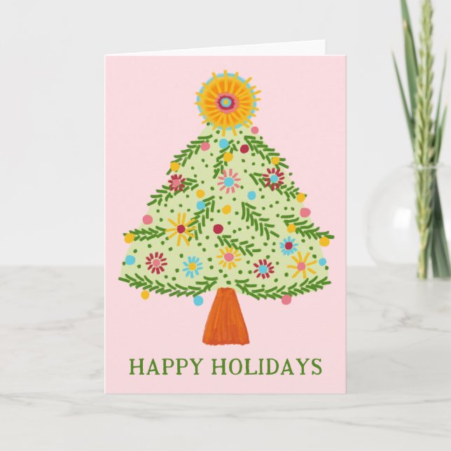 Whimsical Folk Christmas Tree CUSTOM HOLIDAY Card (Front)