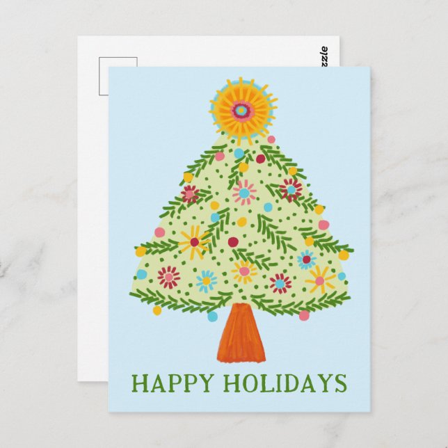 Whimsical Folk Christmas Tree CUSTOM HOLIDAY Postcard (Front/Back)