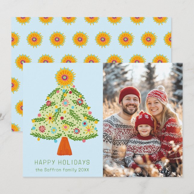 Whimsical Folk Christmas Tree CUSTOM PHOTO Holiday Card (Front/Back)