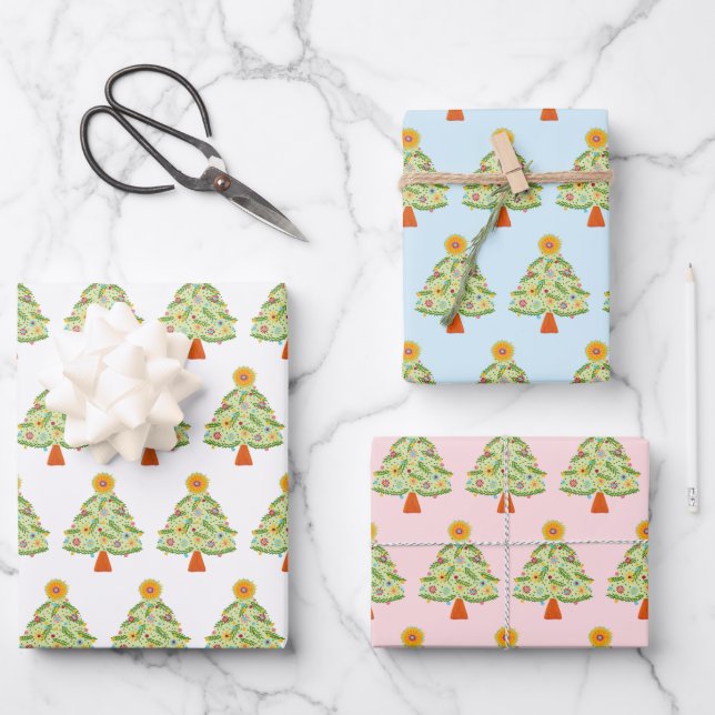 Whimsical Folk Christmas Tree Holiday  Wrapping Paper Sheets (Front)