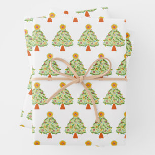 Whimsical Folk Christmas Tree Holiday Wrapping Paper Sheets
