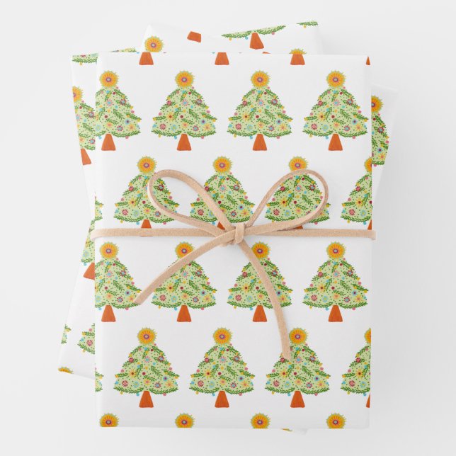 Whimsical Folk Christmas Tree Holiday  Wrapping Paper Sheets (In situ)