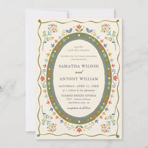 Whimsical Folk Floral Birds Wedding Invitation