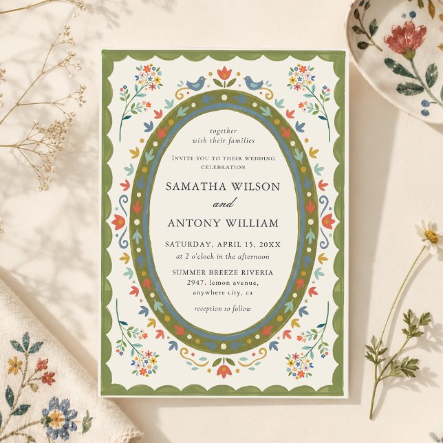 Whimsical Folk Floral Birds Wedding Invitation (Creator Uploaded)