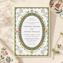 Whimsical Folk Floral Birds Wedding Invitation