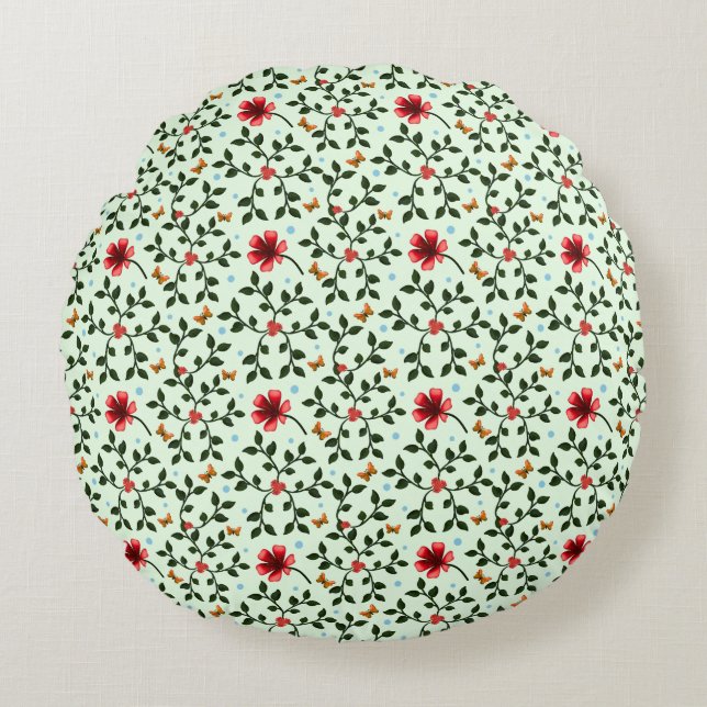 Whimsical Folk Floral Butterfly Pattern  Round Pillow (Front)