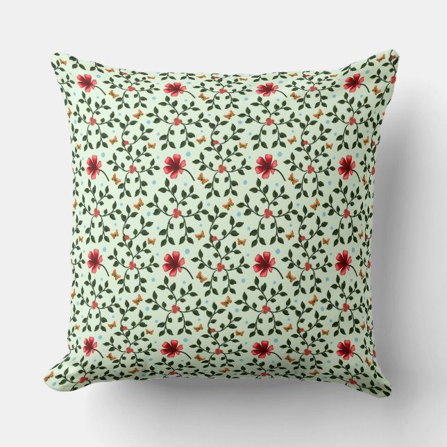 Whimsical Folk Floral Butterfly Pattern  Throw Pillow (Front)