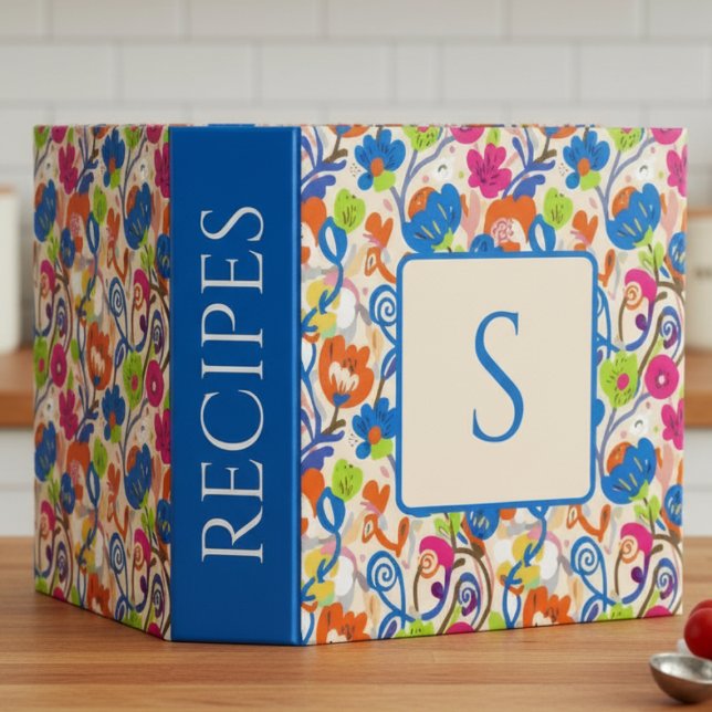 Whimsical Folk Floral Monogram Initial Gift 3 Ring Binder (Floral funhaus monogram recipe binder)