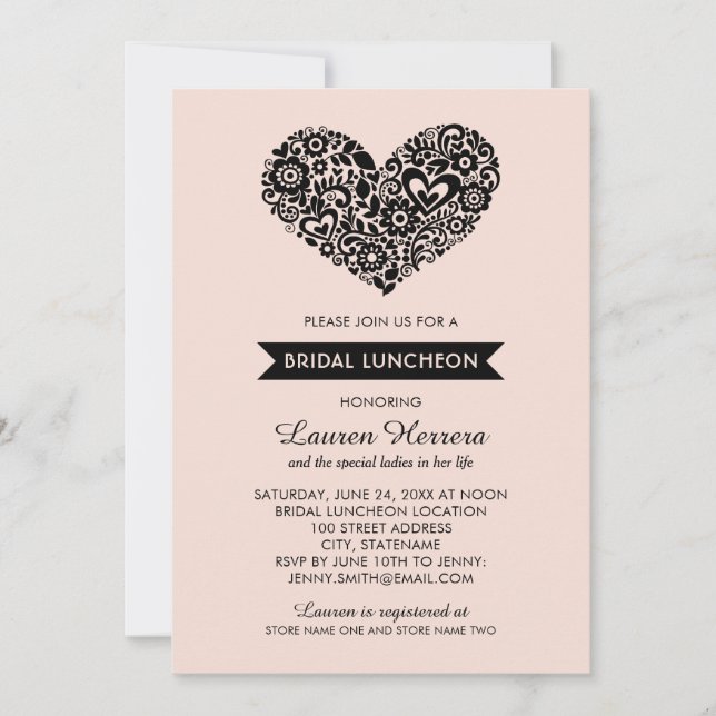 Whimsical Folk Heart Blush Bridal Luncheon Invitation (Front)