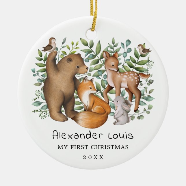 Whimsical Forest Animals Baby First 1st Christmas Ceramic Ornament (Front)