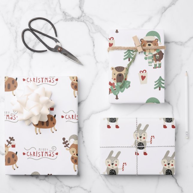 Whimsical Forest Animals Christmas Wrapping Paper Sheets (Front)