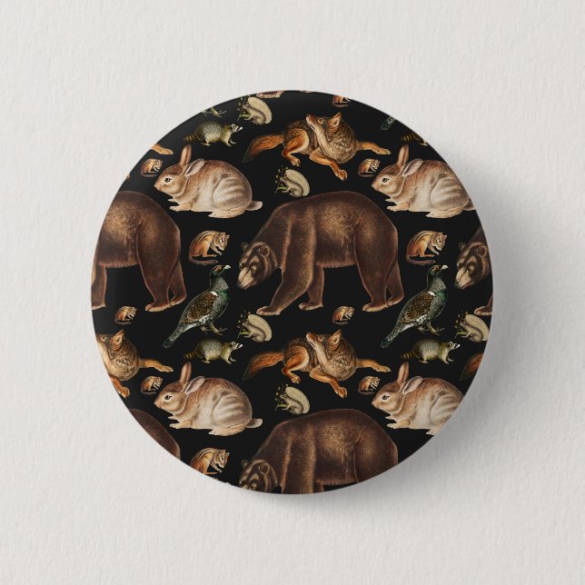 Whimsical Forest Animals Floral Pattern Button (Front)