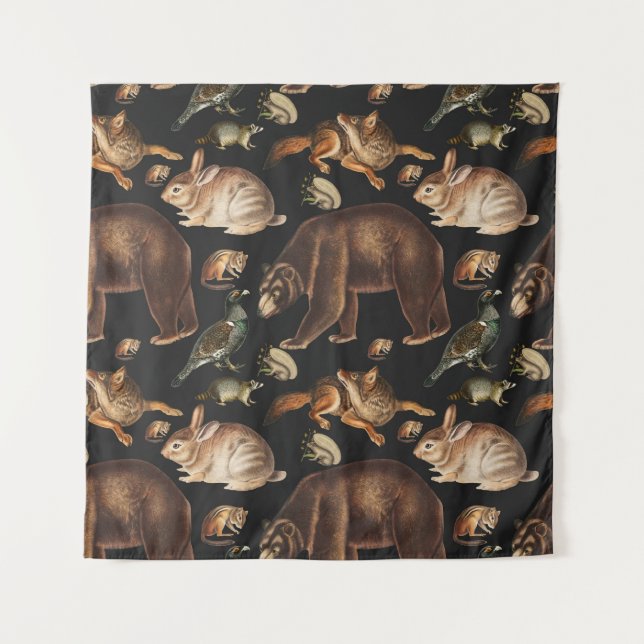 Whimsical Forest Animals Floral Pattern Tapestry (Front)