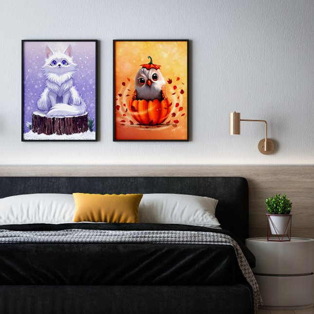 Whimsical Forest: Autumn Owl & Winter fox Wall Art Sets ( preview of the print set with black frame in a bedroom)