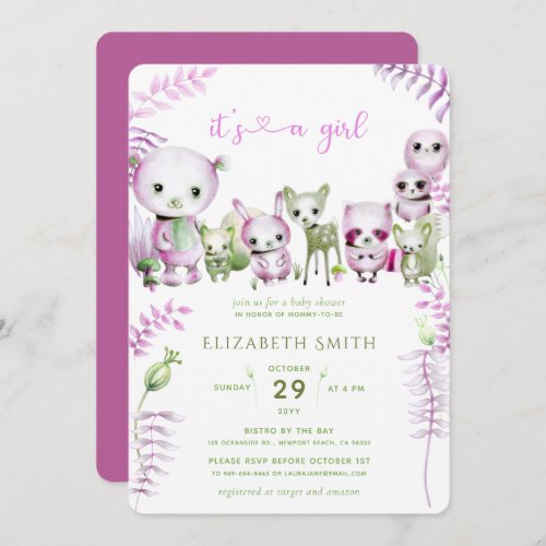 Whimsical Forest Bear Bunny Pink Girl Baby Shower Invitation