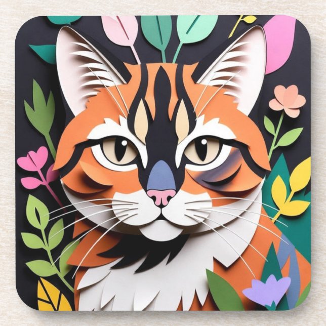 Whimsical Forest cat in Paper-Cut Art Beverage Coaster (Front)