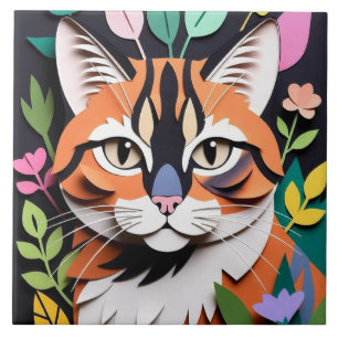 Whimsical Forest cat in Paper-Cut Art Ceramic Tile