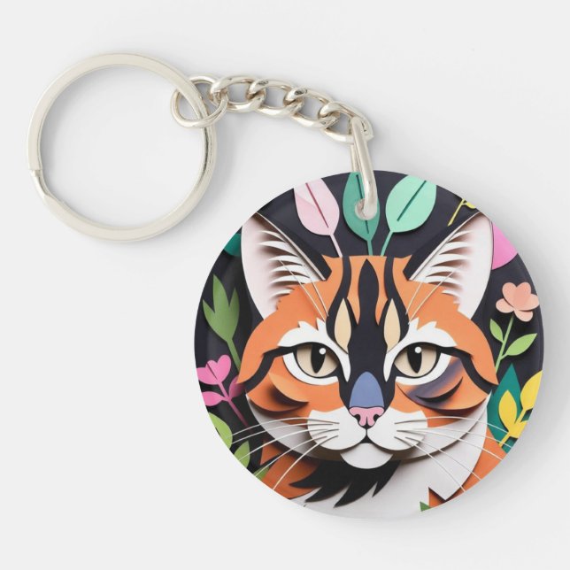 Whimsical Forest cat in Paper-Cut Art Keychain (Front)