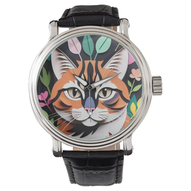 Whimsical Forest cat in Paper-Cut Art Watch (Front)