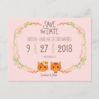Whimsical Forest Cats Blush Wedding Save the Date Announcement Postcard