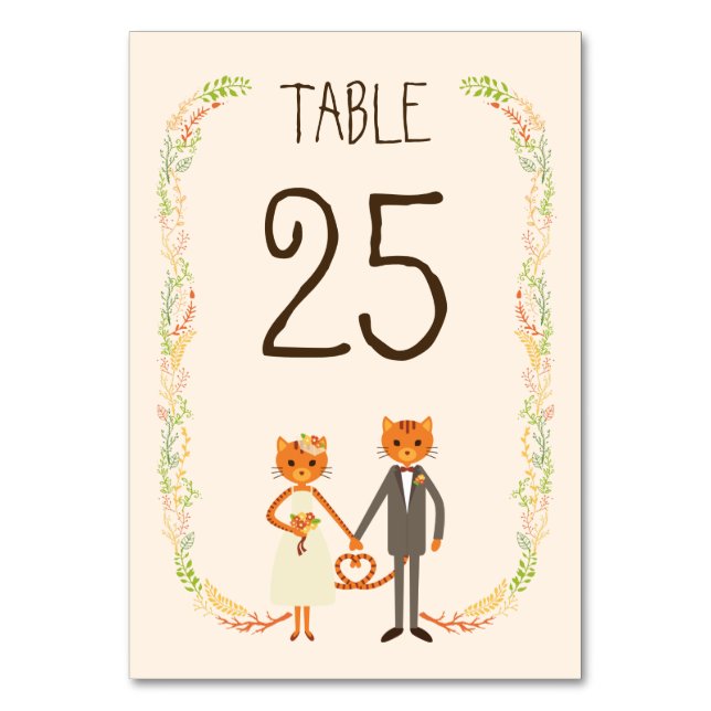 Whimsical Forest Cats (Cream) Wedding Table Number (Front)
