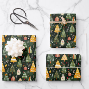 Whimsical Forest Christmas Tree Pattern Wrapping Paper Sheets