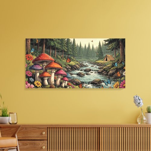 Whimsical Forest Creek with Mushrooms, Butterflies Canvas Print