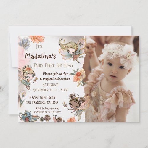 Whimsical Forest Fairy Girls First Birthday Photo Invitation