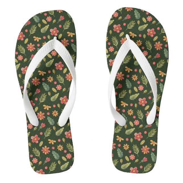 Whimsical Forest Flowers & Leaves Flip Flops (Footbed)