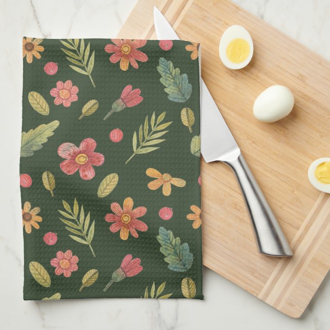 Whimsical Forest Flowers & Leaves  Kitchen Towel (Quarter Fold)